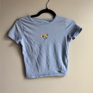 Y2K Coquette Hollister Blue Baby Tee Crop Top Sunflower Embroidery S Cute